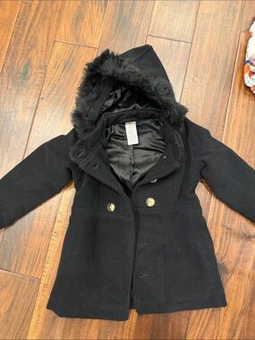 Gymboree Black Hooded Pea Coat with Faux Fur Trim and Gold Buttons
